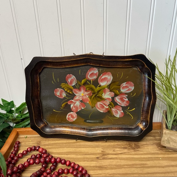 VINTAGE HAND PAINTED FLORAL TRAY WALL ART